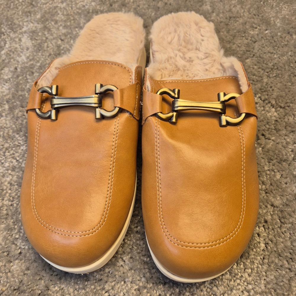 Temofon Womens Tan Faux Leather‎ Faux Fur Lined Bit Mule Loafer Slippers Size 40